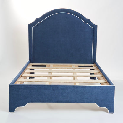 The Grace Queen Bed - Scalloped Legs - Navy Woven Fabric with White Trim