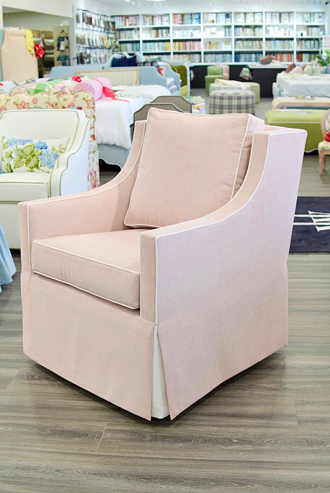 Custom Swivel Glider Chair – Performance Light Pink Chenille Fabric with White Trim