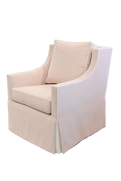 Custom Swivel Glider Chair – Performance Light Pink Chenille Fabric with White Trim