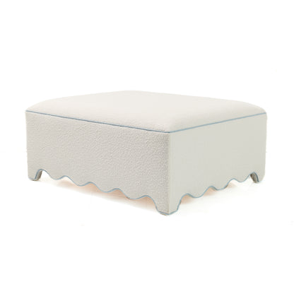 Scalloped Ottoman / Coffee table in White Boucle Fabric - Sky Blue Trim