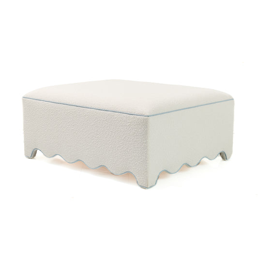 Scalloped Ottoman / Coffee table in White Boucle Fabric - Sky Blue Trim