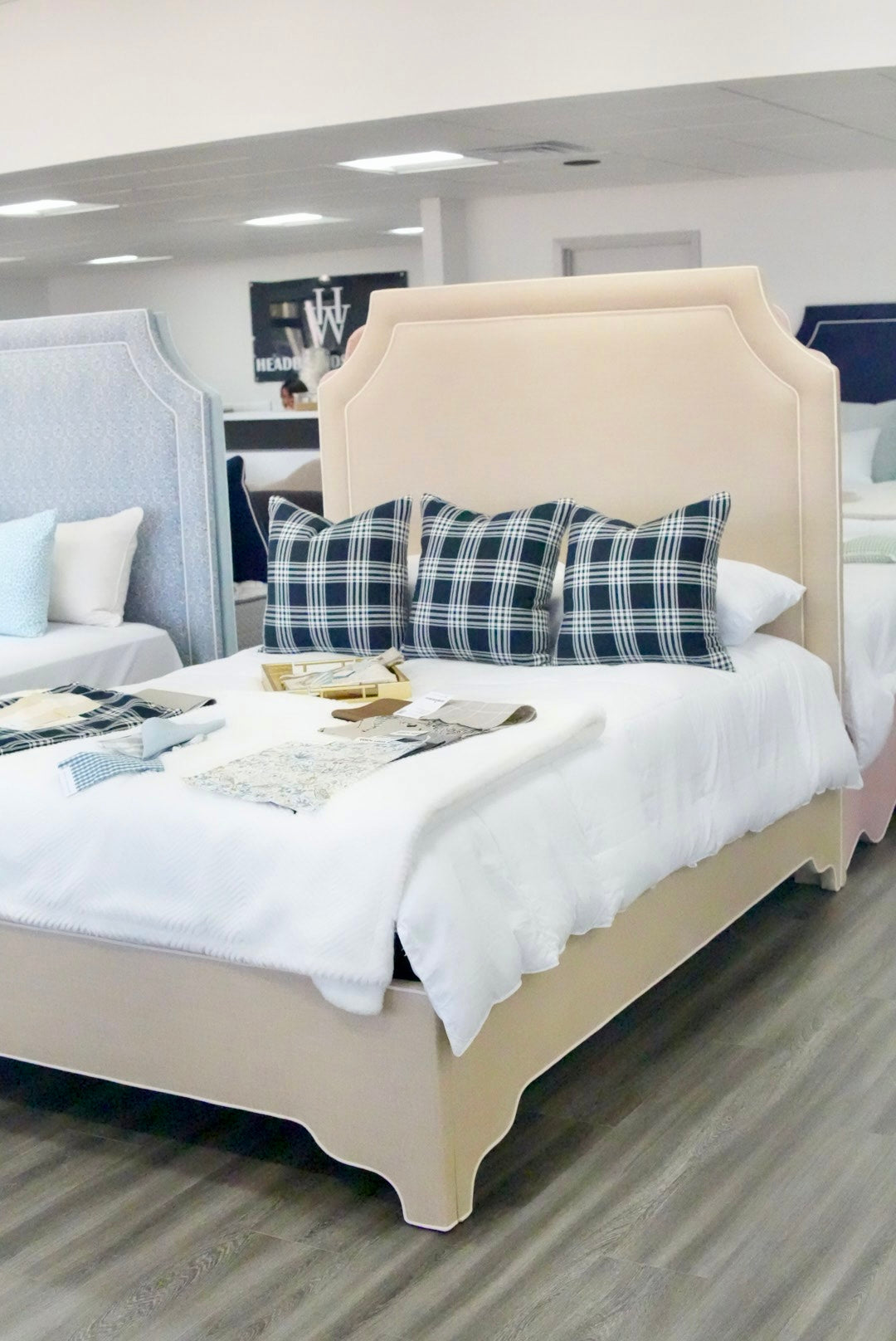 65”H Queen Upholstered Platform Bed - Scalloped Legs - Sand Chenille Fabric with White Trim