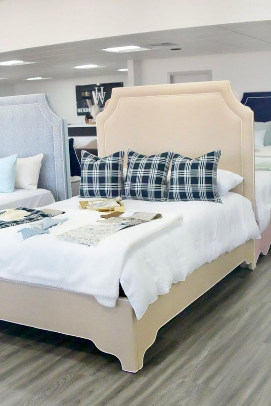 65”H Queen Upholstered Platform Bed - Scalloped Legs - Sand Chenille Fabric with White Trim