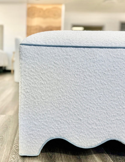 Scalloped Ottoman / Coffee table in White Boucle Fabric - Sky Blue Trim