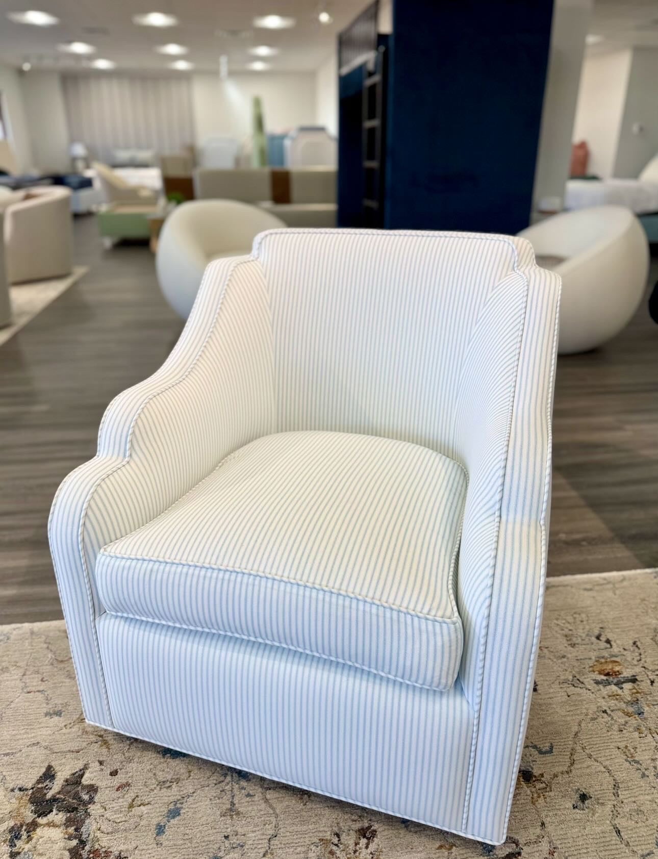 Custom Scalloped Swivel Chair: Classic Blue Stripe Fabric