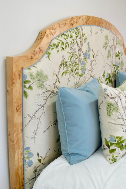 65"H Mappa Burlwood King Bed - Upholstered in Katsura Thibaut Fabric - Blue Trim