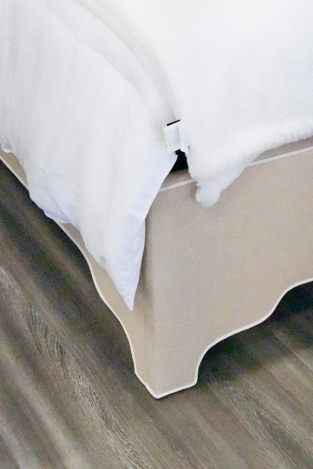 65”H Queen Upholstered Platform Bed - Scalloped Legs - Sand Chenille Fabric with White Trim