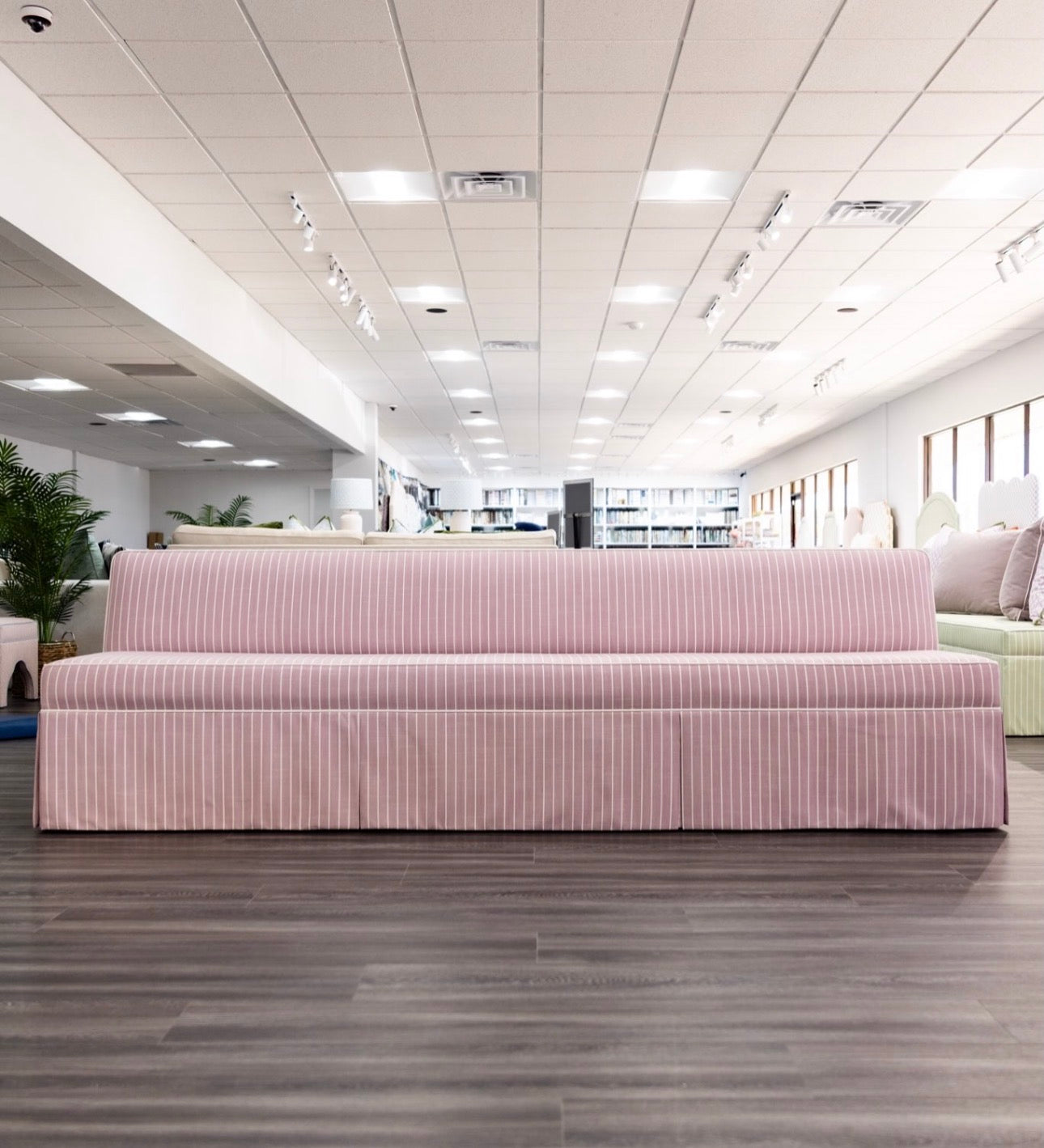 105"L Custom Scalloped Banquette - Lavender Striped Fabric, White Piping