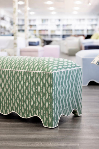 50” L Scalloped End of Bed Bench in Sage Leaf Fabric - White Trim