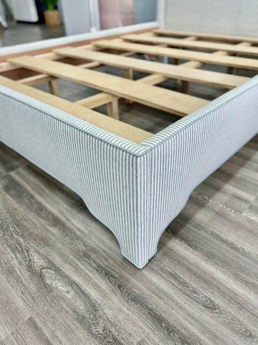 65”H Queen Upholstered Platform Bed - Pierre Frey Upholstery Linen Fabric - Seafoam Green Trim