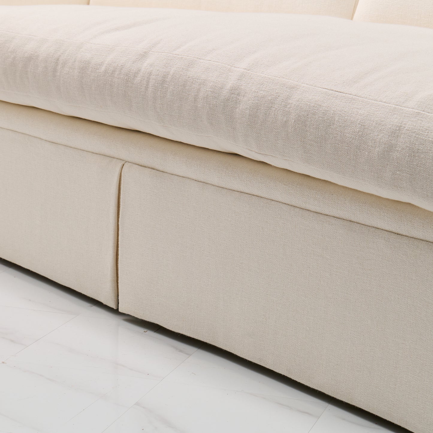 Luxe Feather-Seat Skirted Sofa in Upholstery Linen Fabric – Custom Built
