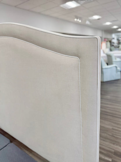 65"H King Platform Bed - Upholstered Footboard - Oatmeal Woven Fabric - White Trim