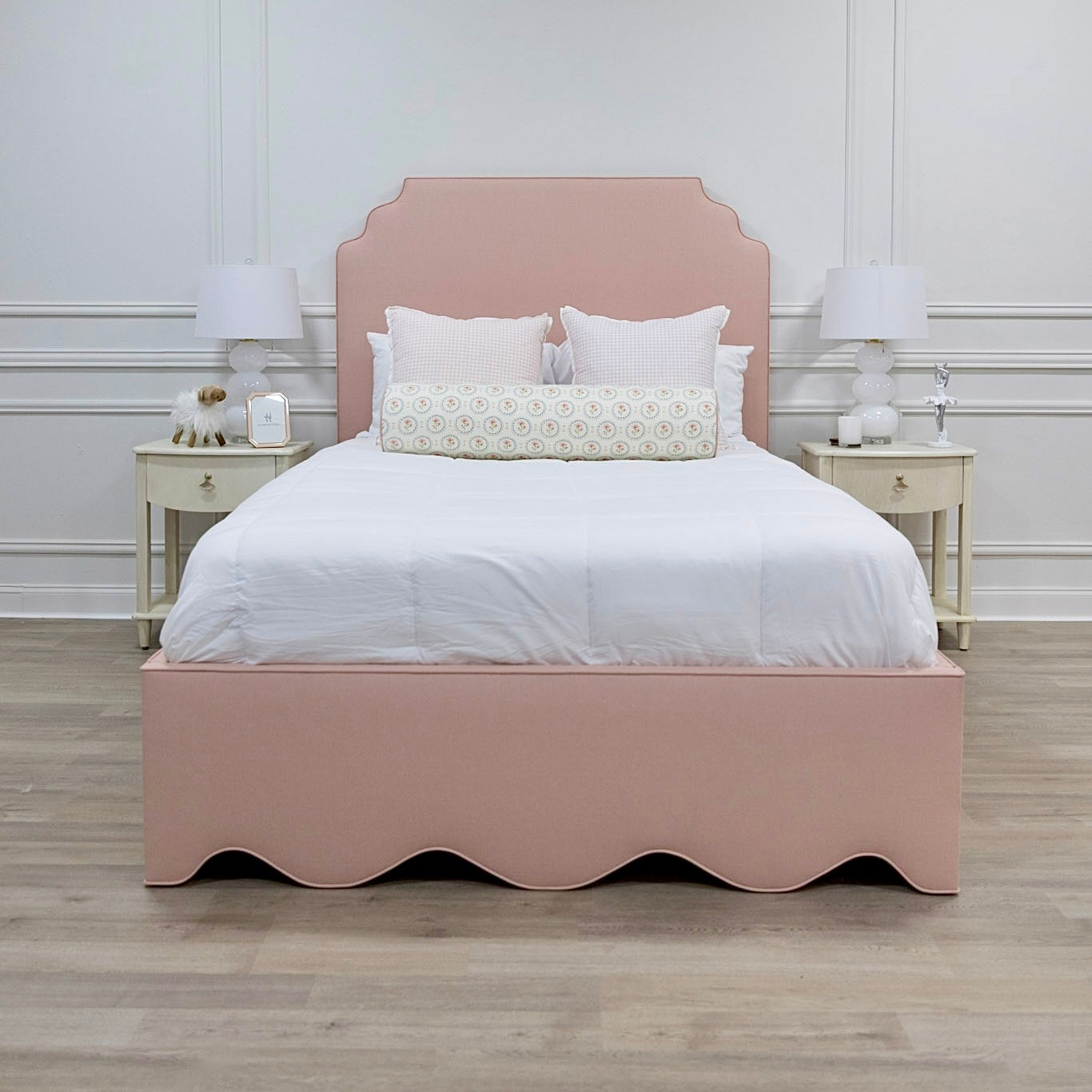65”H Queen Upholstered Platform Bed - Blush Pink Linen Fabric - Self Welted