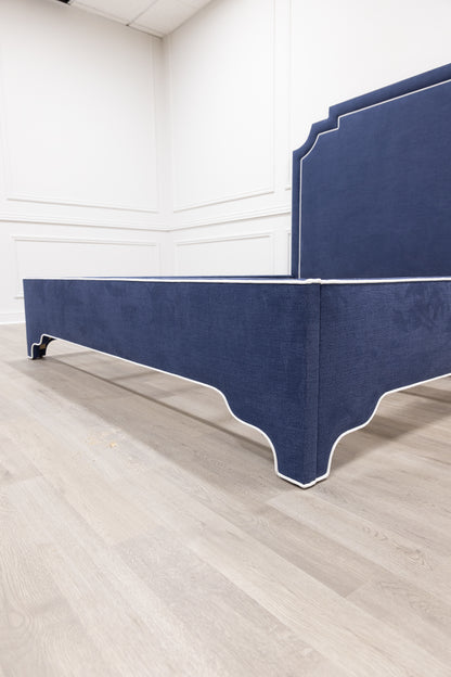The Martha King Bed - Upholstered Legs - Navy Blue Woven Fabric - White Trim