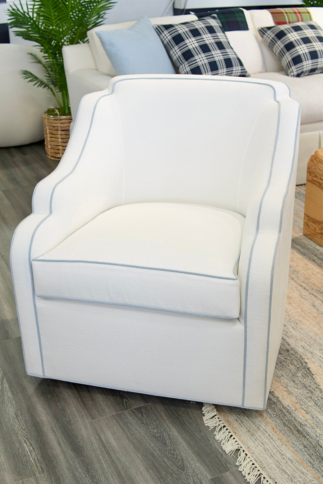 Custom Scalloped Swivel Chair: White Performance Fabric - Sky Blue Trim