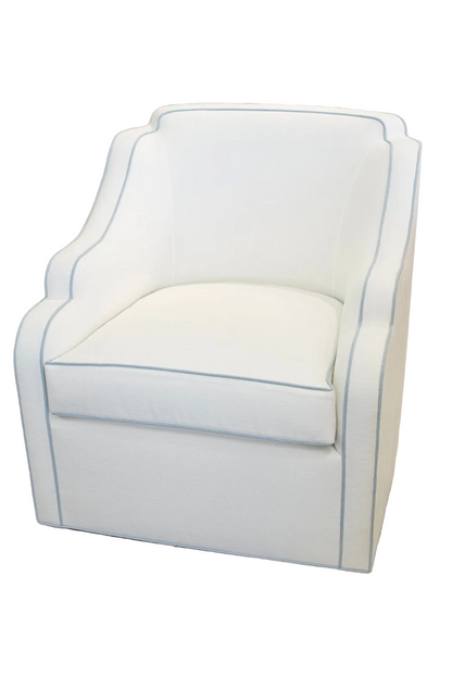 Custom Scalloped Swivel Chair: White Performance Fabric - Sky Blue Trim