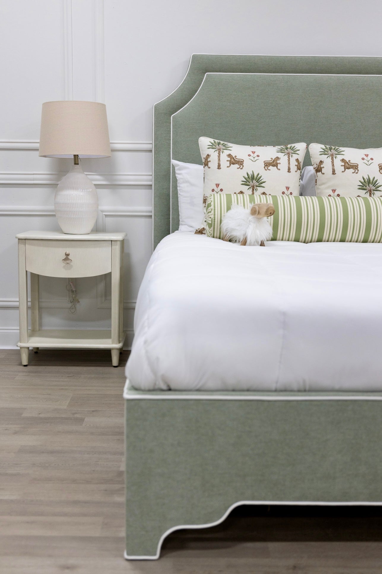 The Addison Queen Upholstered Platform Bed - Crypton Sage Linen Look Fabric - White Trim