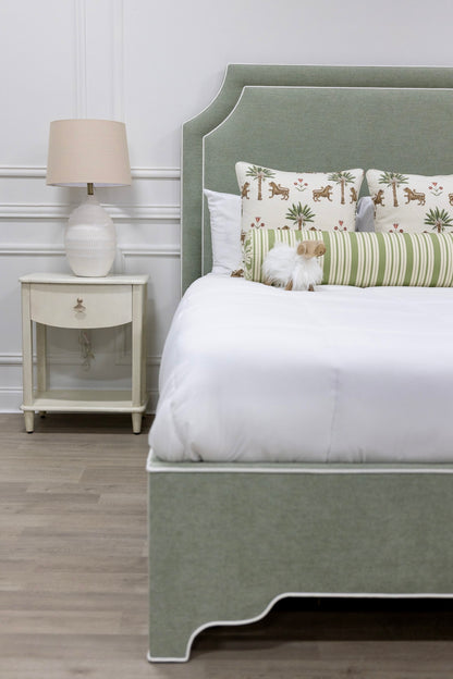 The Addison Queen Upholstered Platform Bed - Crypton Sage Linen Look Fabric - White Trim