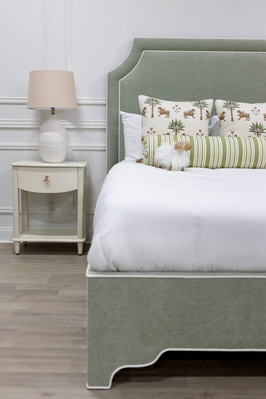 The Addison Queen Upholstered Platform Bed - Crypton Sage Linen Look Fabric - White Trim