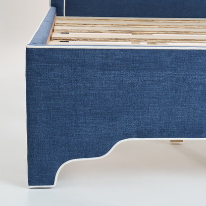 65"H King Upholstered Platform Bed - Scalloped Legs - Navy Woven Fabric with White Trim