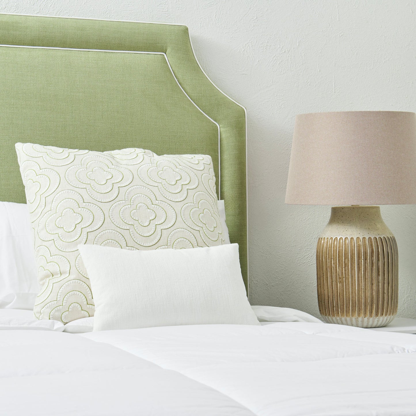 65" H Queen Upholstered Platform Bed - Scalloped Legs - Pistachio Green Woven Fabric with White Trim