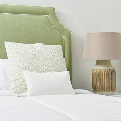 65" H Queen Upholstered Platform Bed - Scalloped Legs - Pistachio Green Woven Fabric with White Trim