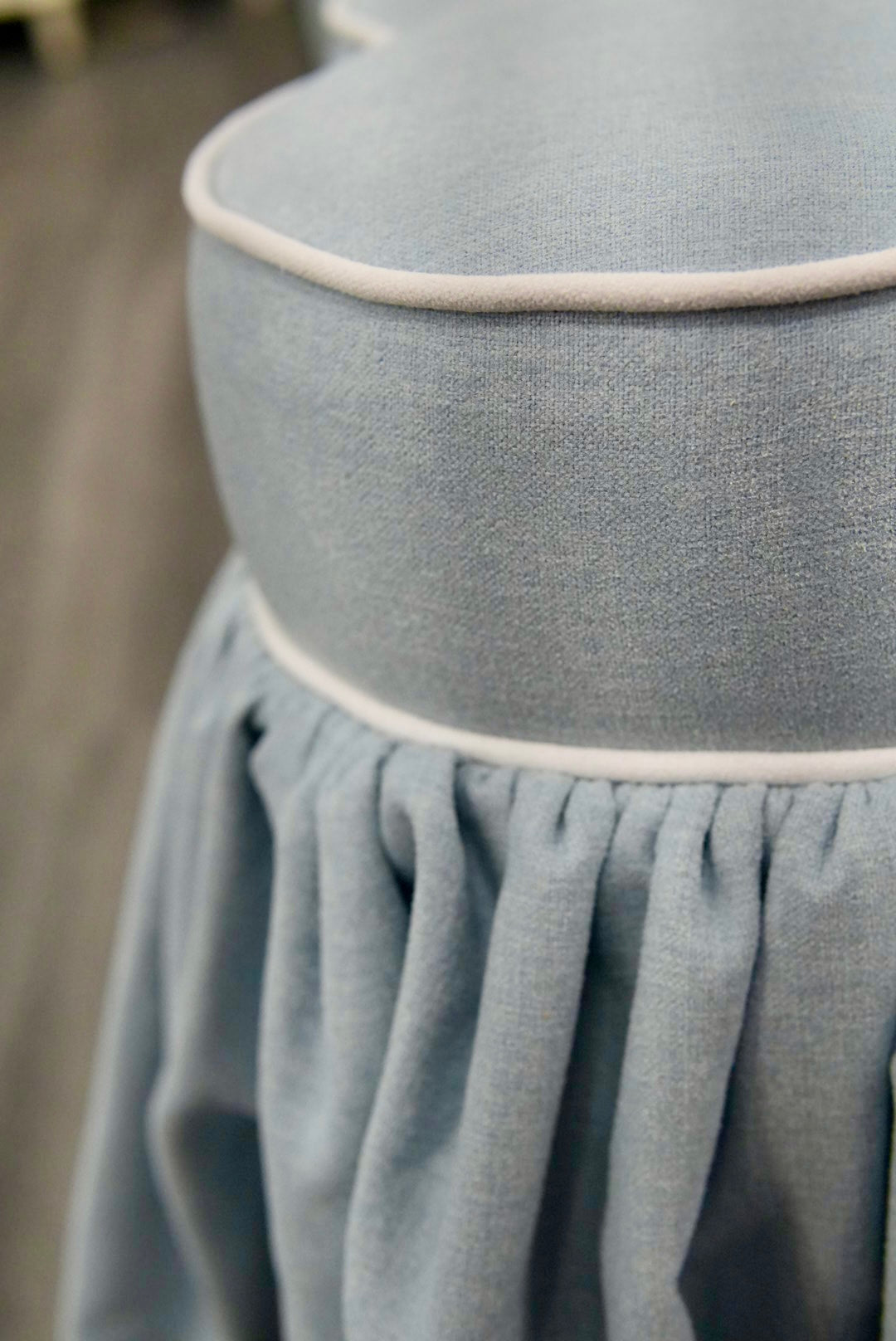 Cloud-Style Skirted Ottoman – Sky Blue Fabric & White Trim