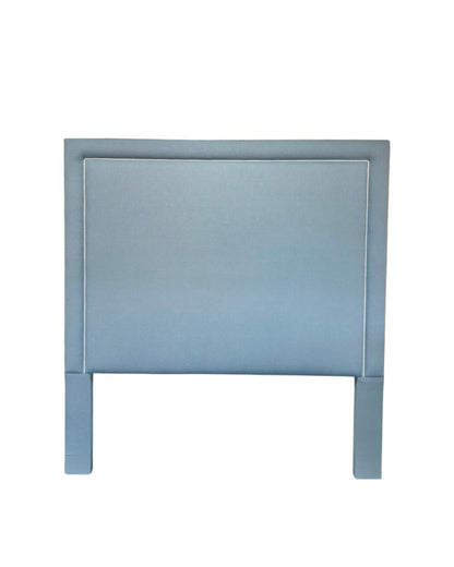 65”H Queen Headboard only - Blue Linen Fabric- White Trim
