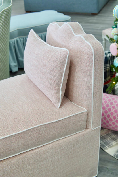 Custom Scalloped Upholstered Chair – Pink with White Piping