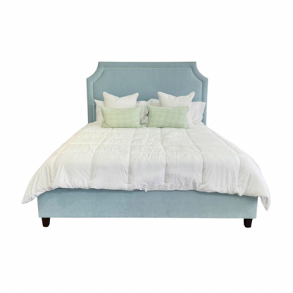The Addison King Bed - Wooden Legs - Seafoam Blue Chenille Fabric with White Trim