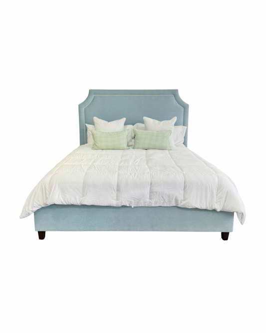 65" H King Platform Bed - Wooden Legs - Seafoam Blue Chenille Fabric with White Trim