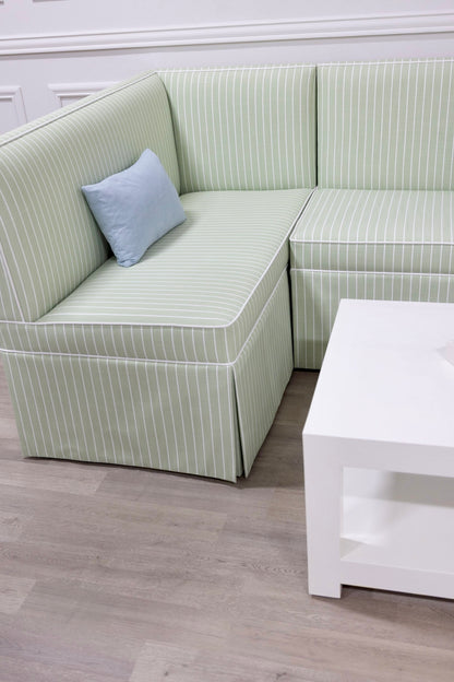  Custom Upholstered Skirted Banquette – Green Striped Fabric, White Piping