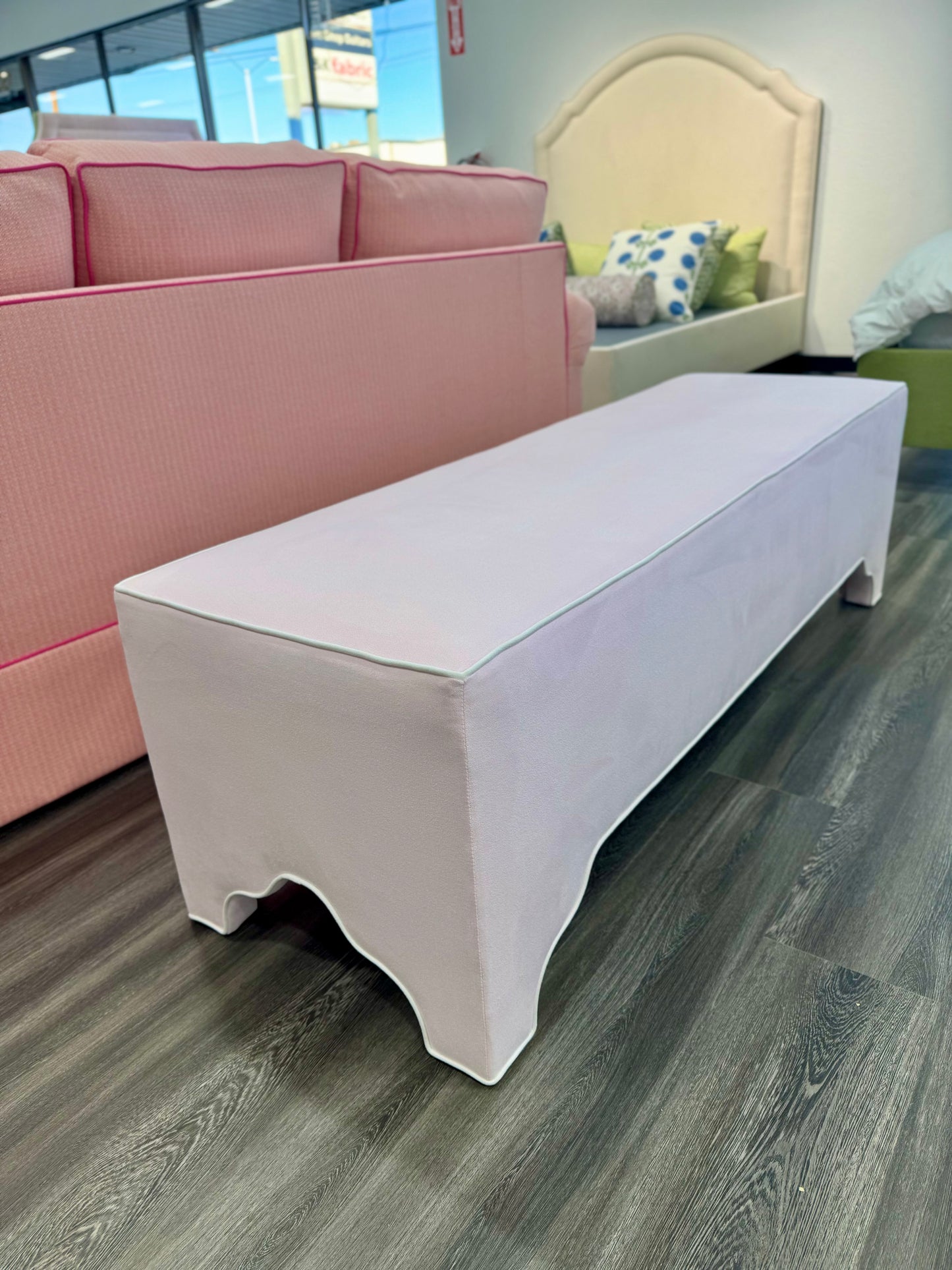 Custom Upholstered Bench in Powder Pink Woven Fabric
