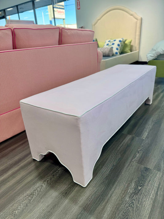 Custom Upholstered Bench in Powder Pink Woven Fabric