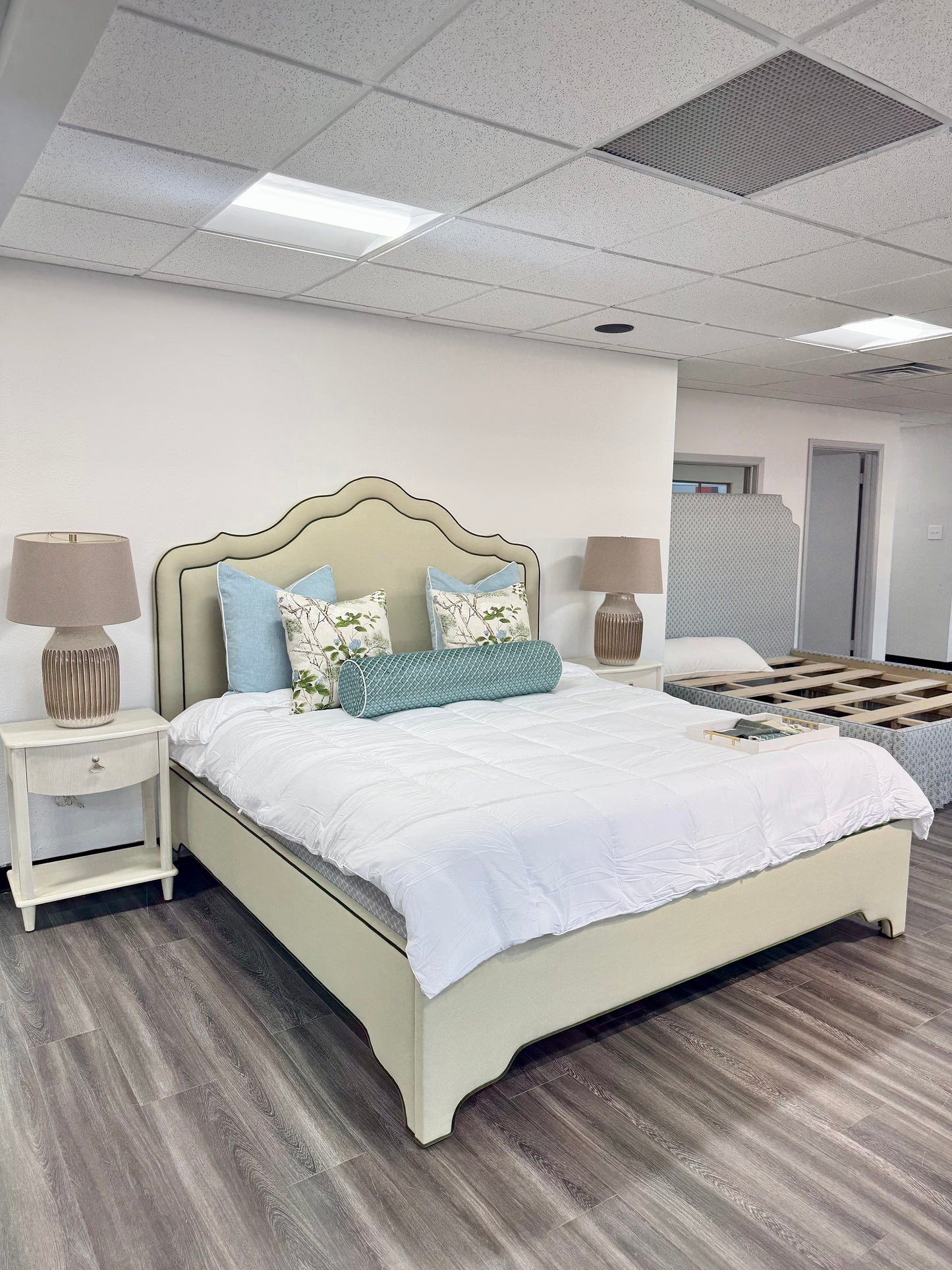 65"H King Bed  - Pale Sage Green Linen Fabric with Olive Green Velvet Trim