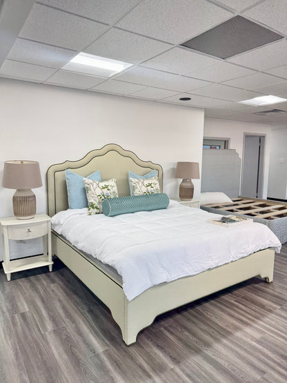 65"H King Bed  - Pale Sage Green Linen Fabric with Olive Green Velvet Trim