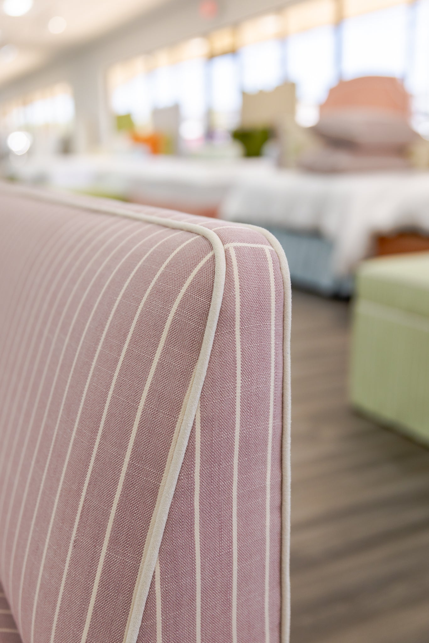 105"L Custom Scalloped Banquette - Lavender Striped Fabric, White Piping