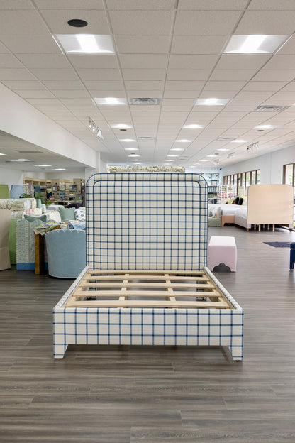 The Lorraine Queen Platform Bed in Navy Plaid Fabric - Navy Trim