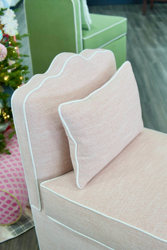 Custom Scalloped Upholstered Chair – Pink with White Piping