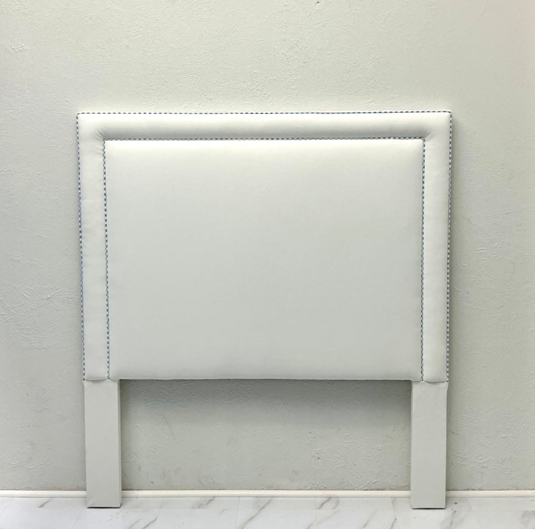 60" H Full Headboard in White Linen - Blue Gingham Trim