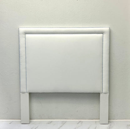 60" H Full Headboard in White Linen - Blue Gingham Trim