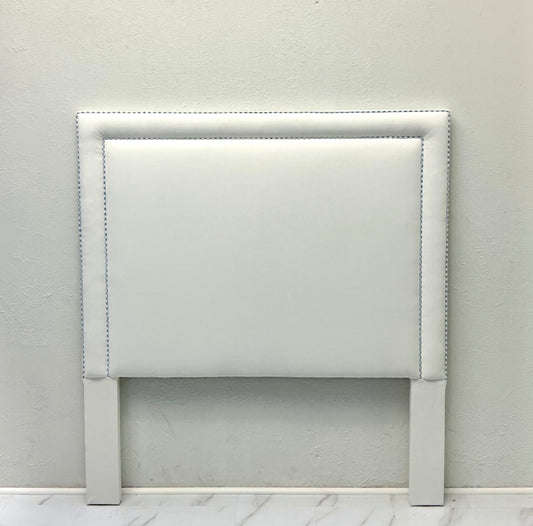 60" H Full Headboard in White Linen - Blue Gingham Trim