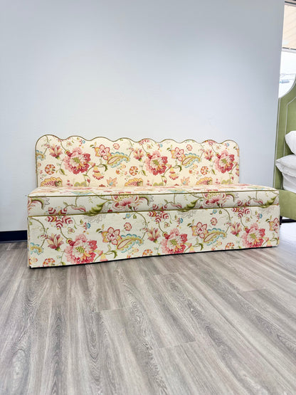 76"L Custom Scalloped Banquette in Ophelia Blossom - Modern Upholstered Dining Banquette with Pleated Skirt