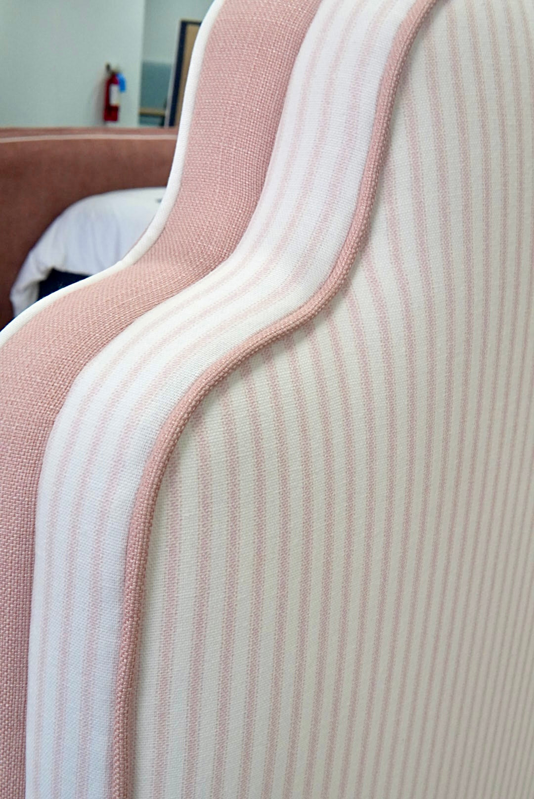 60”H Twin Upholstered Platform Base Bed - Scalloped Base - Classic Ticking Pink Fabric with Pink Trim