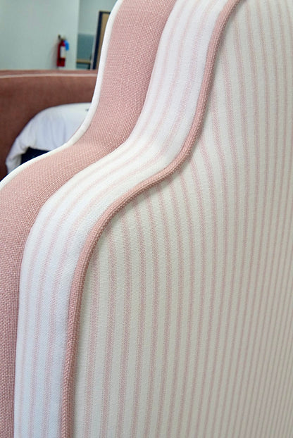 60”H Twin Upholstered Platform Base Bed - Scalloped Base - Classic Ticking Pink Fabric with Pink Trim