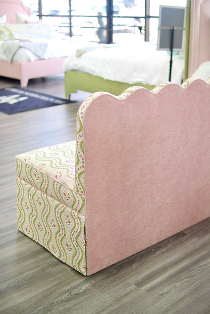 76"L Custom Scalloped Banquette in Natural Luxury Linen - Modern Upholstered Dining Banquette with Pleated Skirt