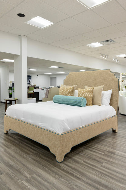 The Helena King Bed - Scalloped Legs - Performance Brown Linen Fabric - Blue Trim