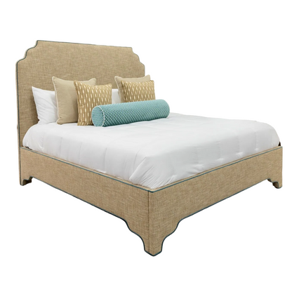 The Helena King Bed - Scalloped Legs - Performance Brown Linen Fabric - Blue Trim