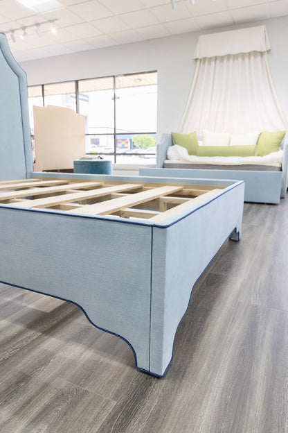 65”H Queen Platform Upholstered Bed - Sky Blue Woven Fabric - Navy Trim