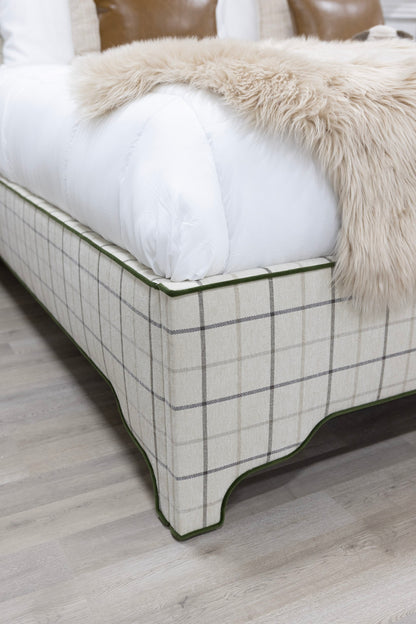 The Lorraine King Bed - Scalloped Legs - Performance Cream Plaid Fabric - Green Trim